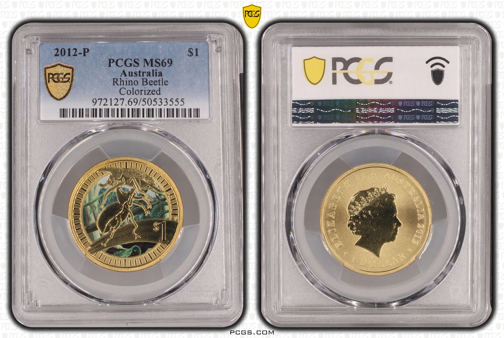 Rhino Beetle Colorized POP 3/0, One Dollar, 2012-P, PCGS MS69