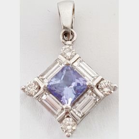 18CT WHITE GOLD PENDANT WITH 0.400CT PRINCESS CUT TANZANITE & 0.450CT DIAMONDS - 51929/354