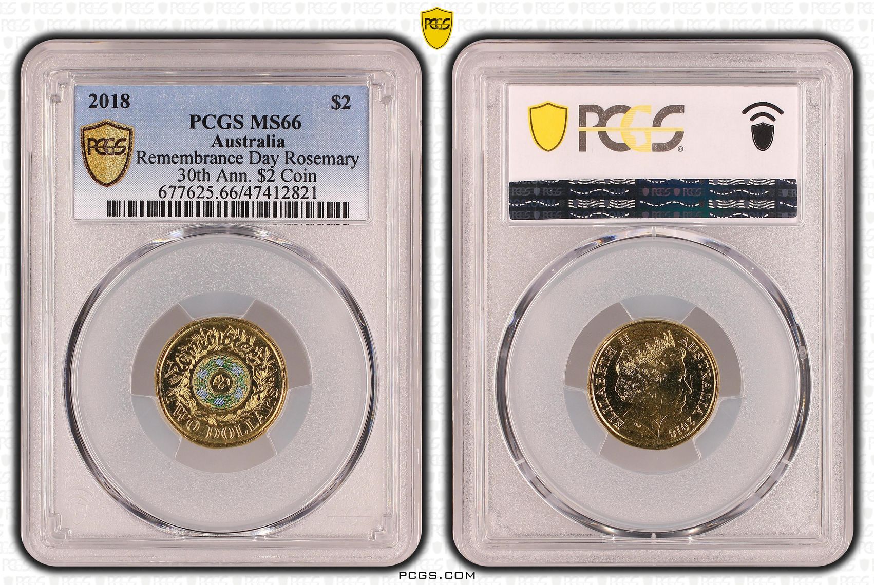 478 · Elizabeth II, Remembrance Day Rosemary 30th Ann. $2 Coin Colorized , Two Dollar, 2018, PCGS MS66