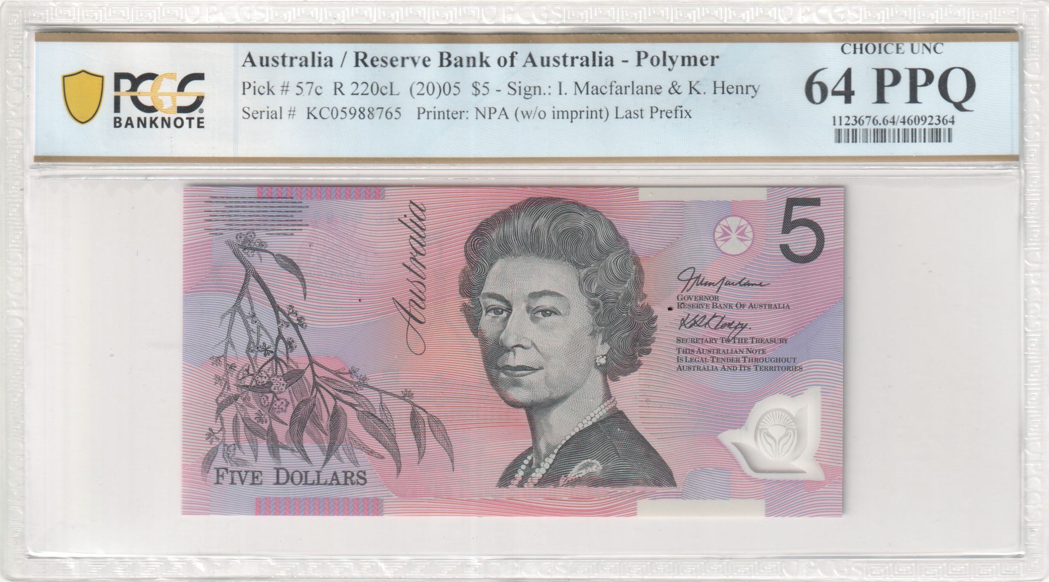 Macfarlane/ Henry, Last Prefix, Five Dollar, 2005, PCGS Choice UNC 64 PPQ