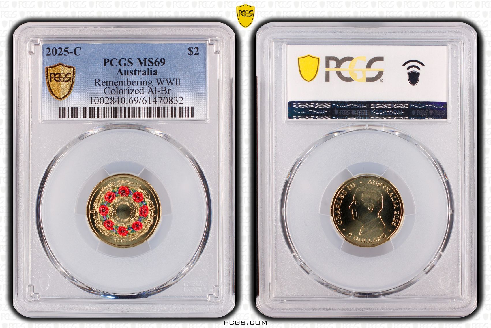Remembering WWII Colourised AlBr, Two Dollar, 2025-C, PCGS MS69