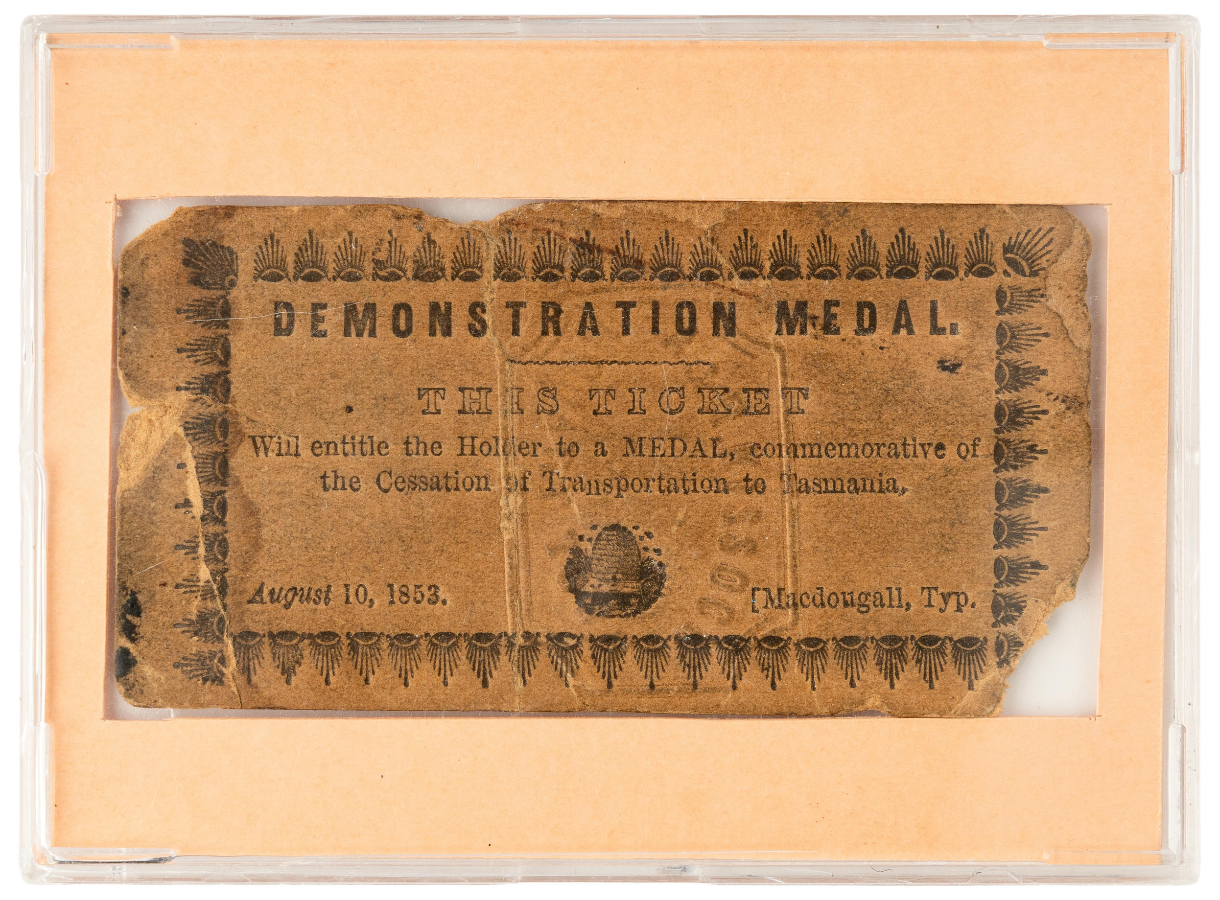 Cessation of Transportation to Tasmania Medal - Ticket Entitlement, 1853, Fine