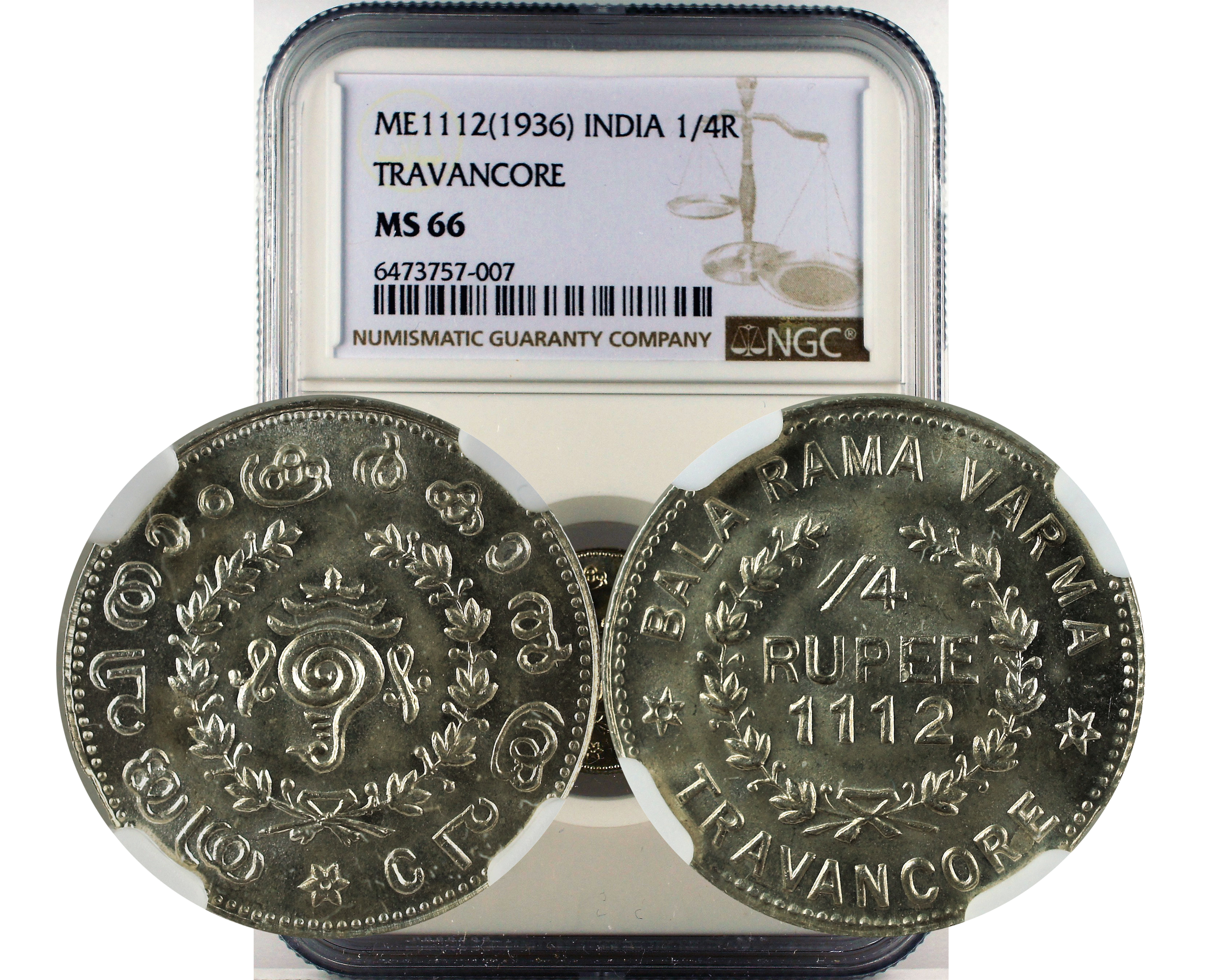 TRAVANCORE - 1/4TH RUPEE - ME1112 MS66