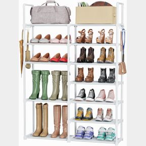 2 ROW 7 TIER MAVIVEGUE METAL SHOE RACK ORGANIZER, 7 TIERS TALL SHOE SHELF STORAGE, VERTICAL LARGE BOOT RACK, STACKABLE SHOE RACKS