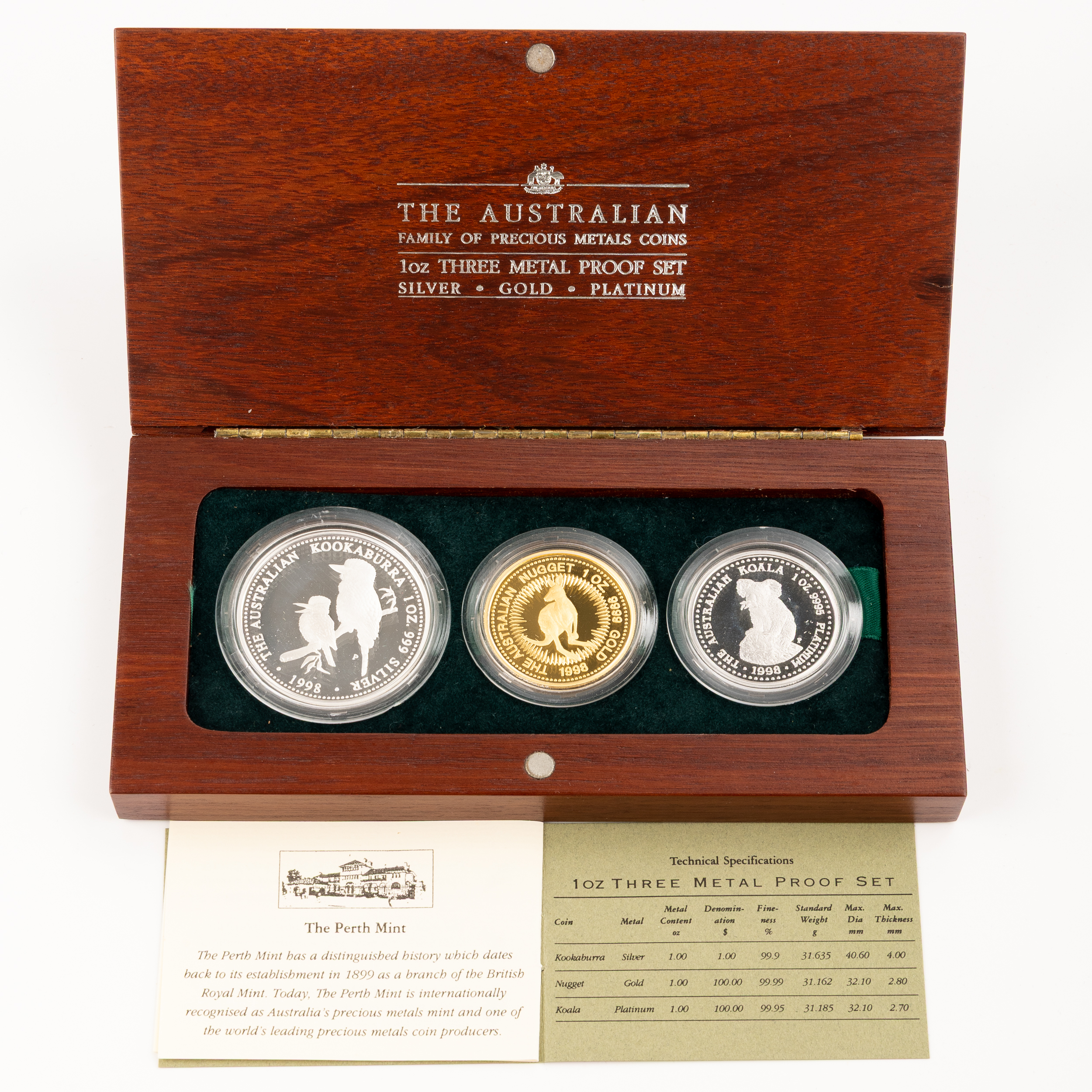 Elizabeth II, Three Metal Proof Set, Silver, Gold, Platinum, One Dollar - One Hundred Dollars, 1998, FDC