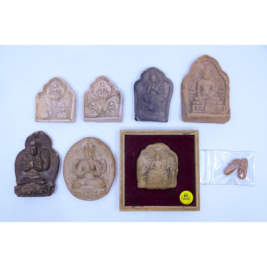 Tray 9pc Old Tibetan Clay Votive Plaques 1'' to 3.5''