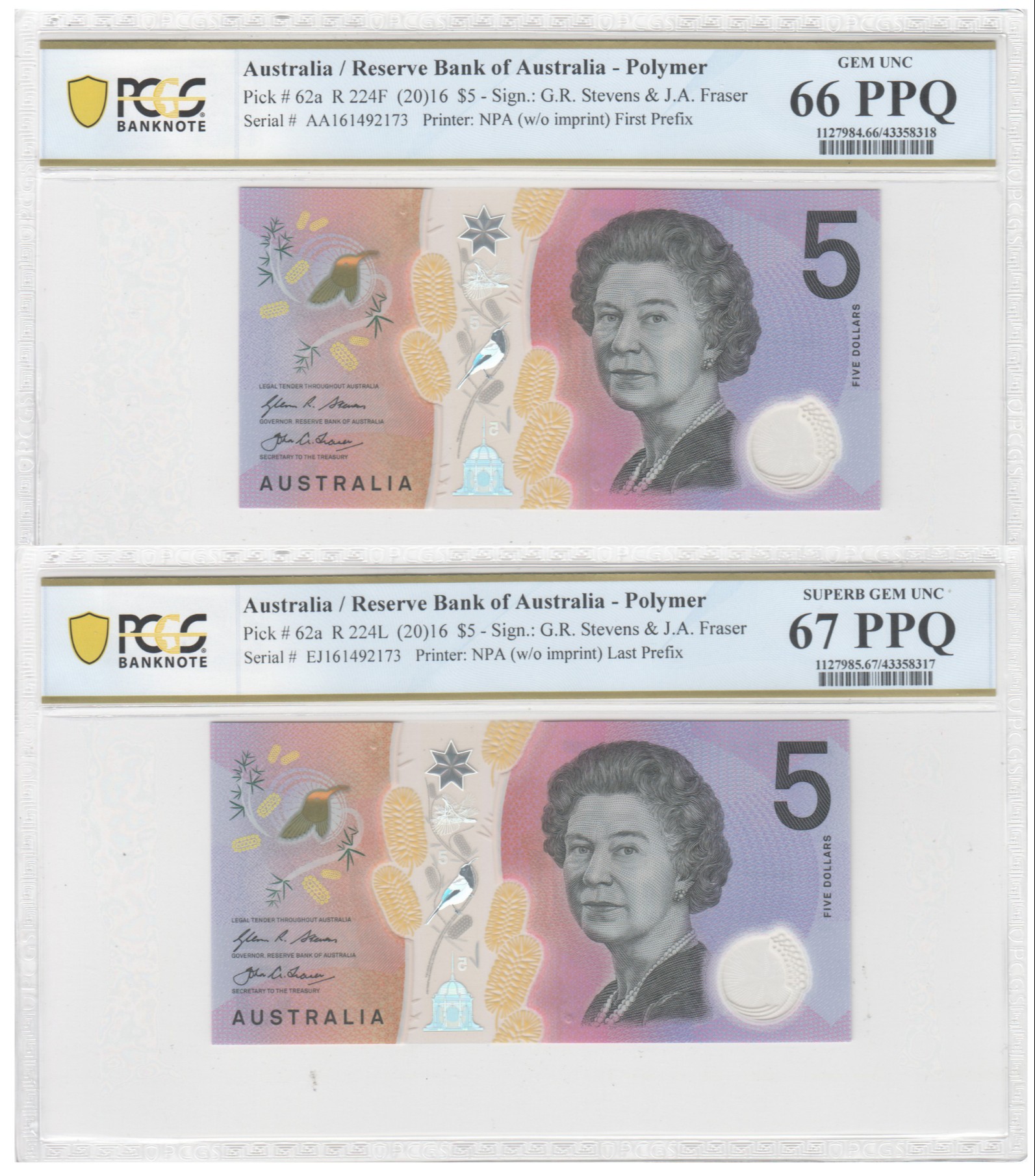 2016 $5 Stevens/Fraser Gem Unc 66 PPQ Matching Serial Number First & Last Prefix Pair
