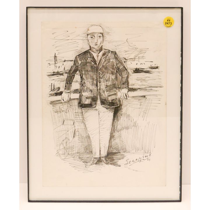 Jay Steensma 'Man on Fence' Ink Drawing Self Portrait Framed- 14x11''