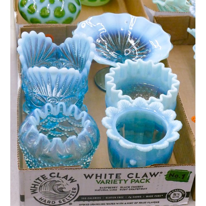 Box 6pc Blue Opalescent Glass Spooners etc.