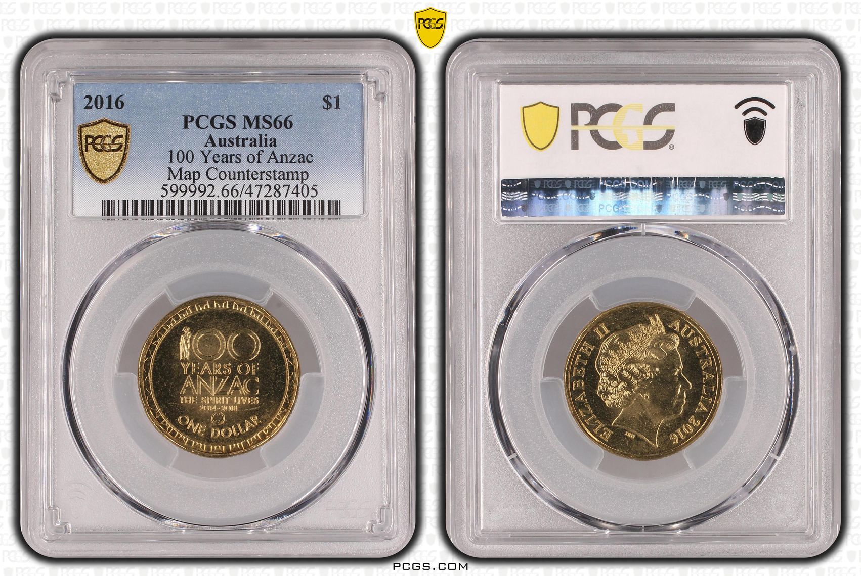 Elizabeth II, 100 Years of Anzac, Map Counterstamp, One Dollar, 2016, PCGS MS66