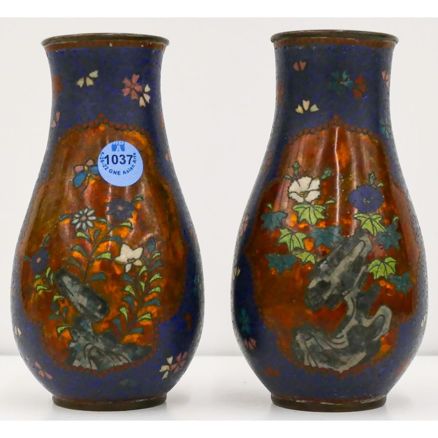 Pair Meiji Japanese Floral Blue Cloisonne Vases 6''