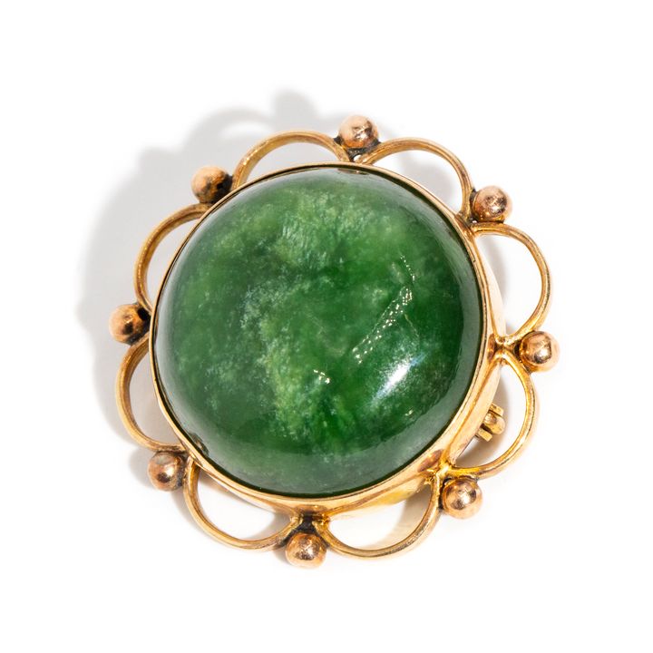 Vintage Nephrite 9ct Rose Gold Brooch ,