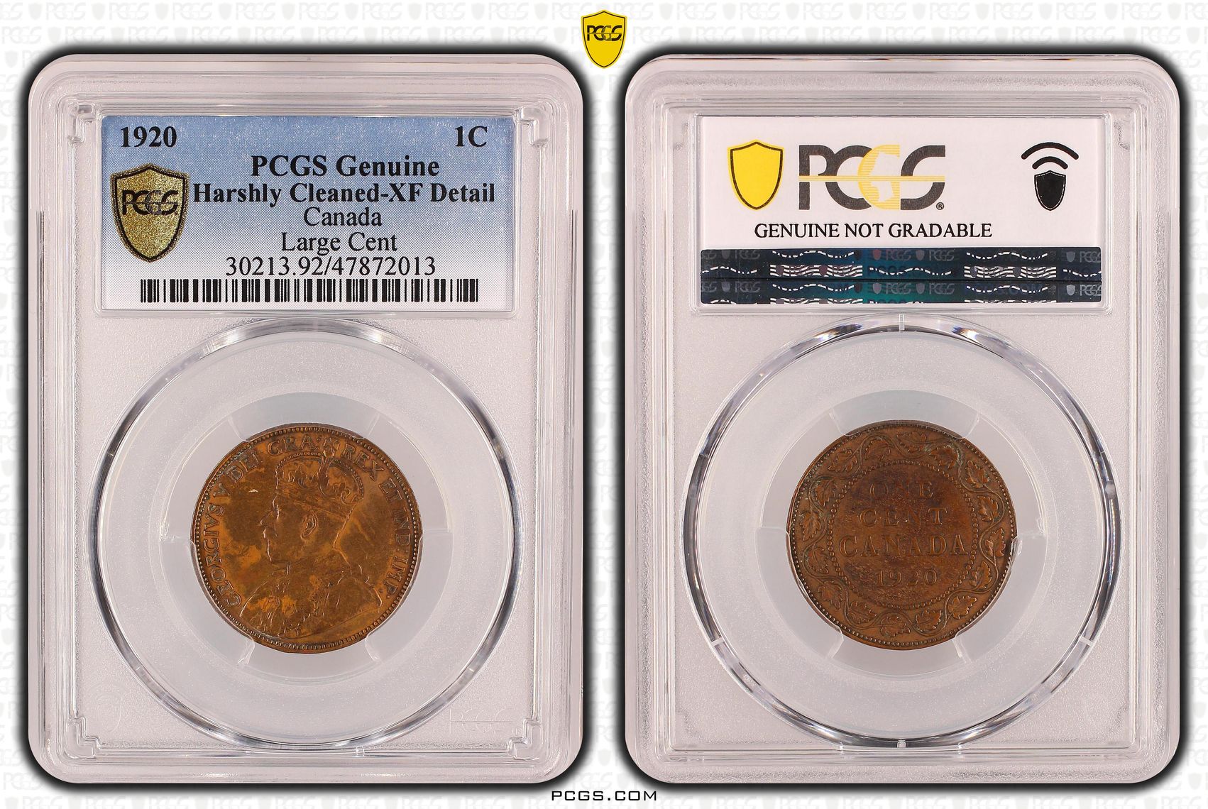 Canada, Large Cent, One Cent, 1920, PCGS Genuine - XF Details (92 - Cleaned)