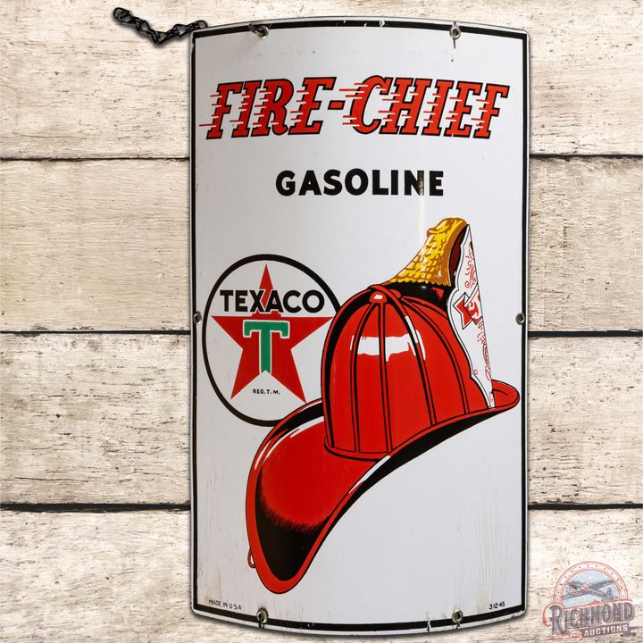 1945 Texaco Fire Chief Gasoline Curved SS Porcelain Gas Pump Plate Sign