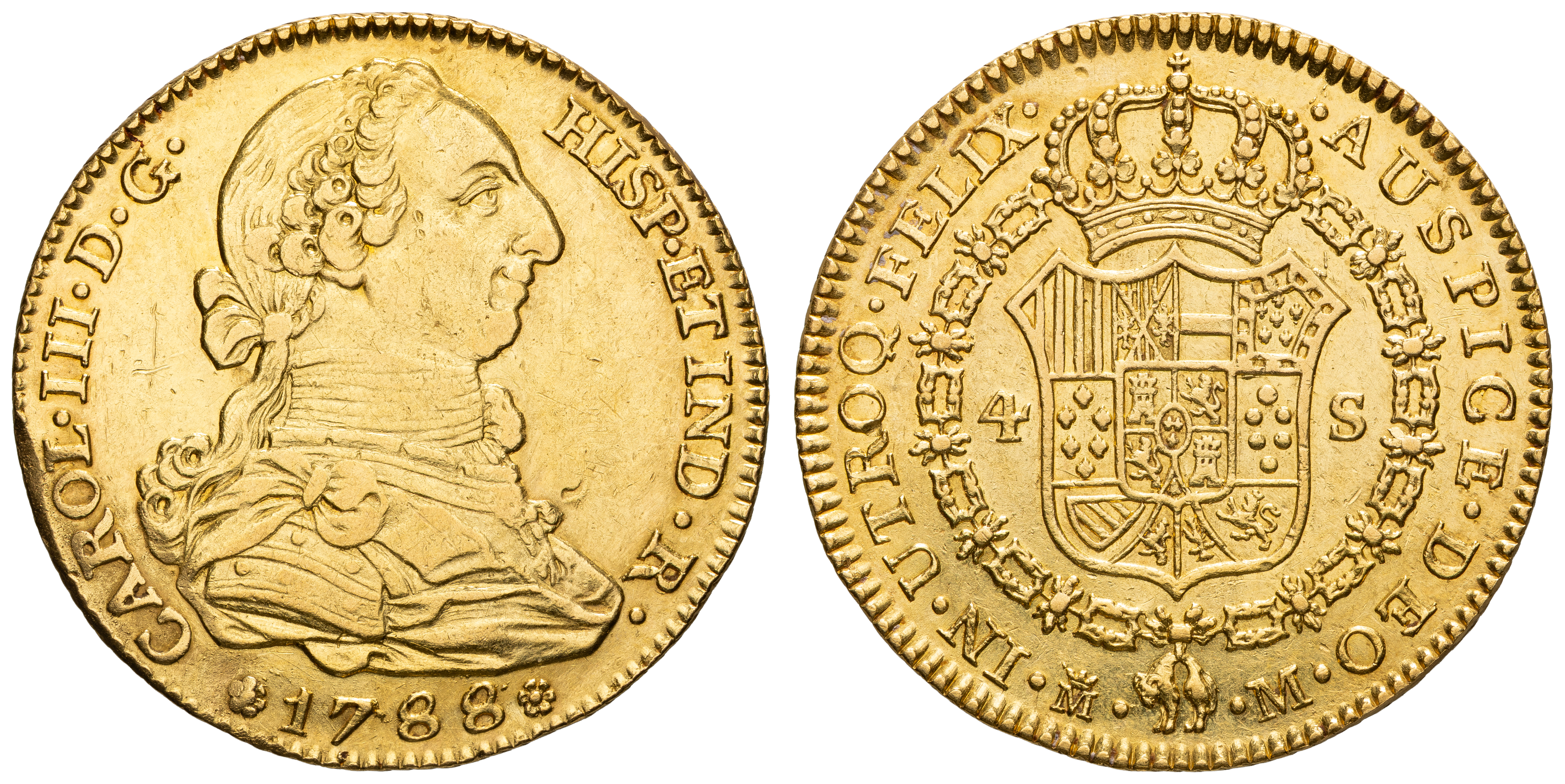 128 · Spain, Charles III, Four Escudos, 1788-MM,  VF