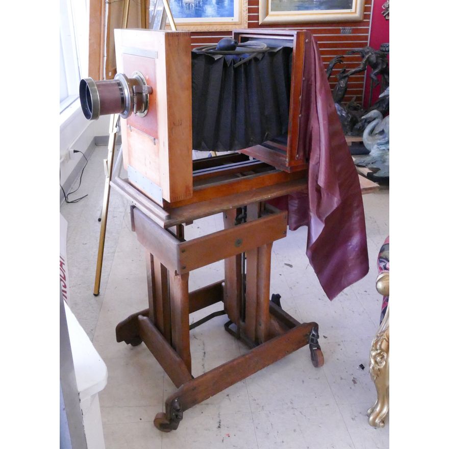 Antique Wollensak Studio Camera on Adjustable Oak Stand- 39x31x16''
