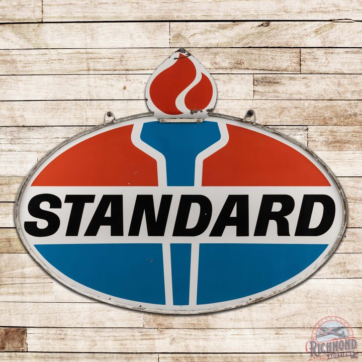 Standard Gasoline 6' Double Sided Porcelain ID Sign Complete w/ Ring & Flames