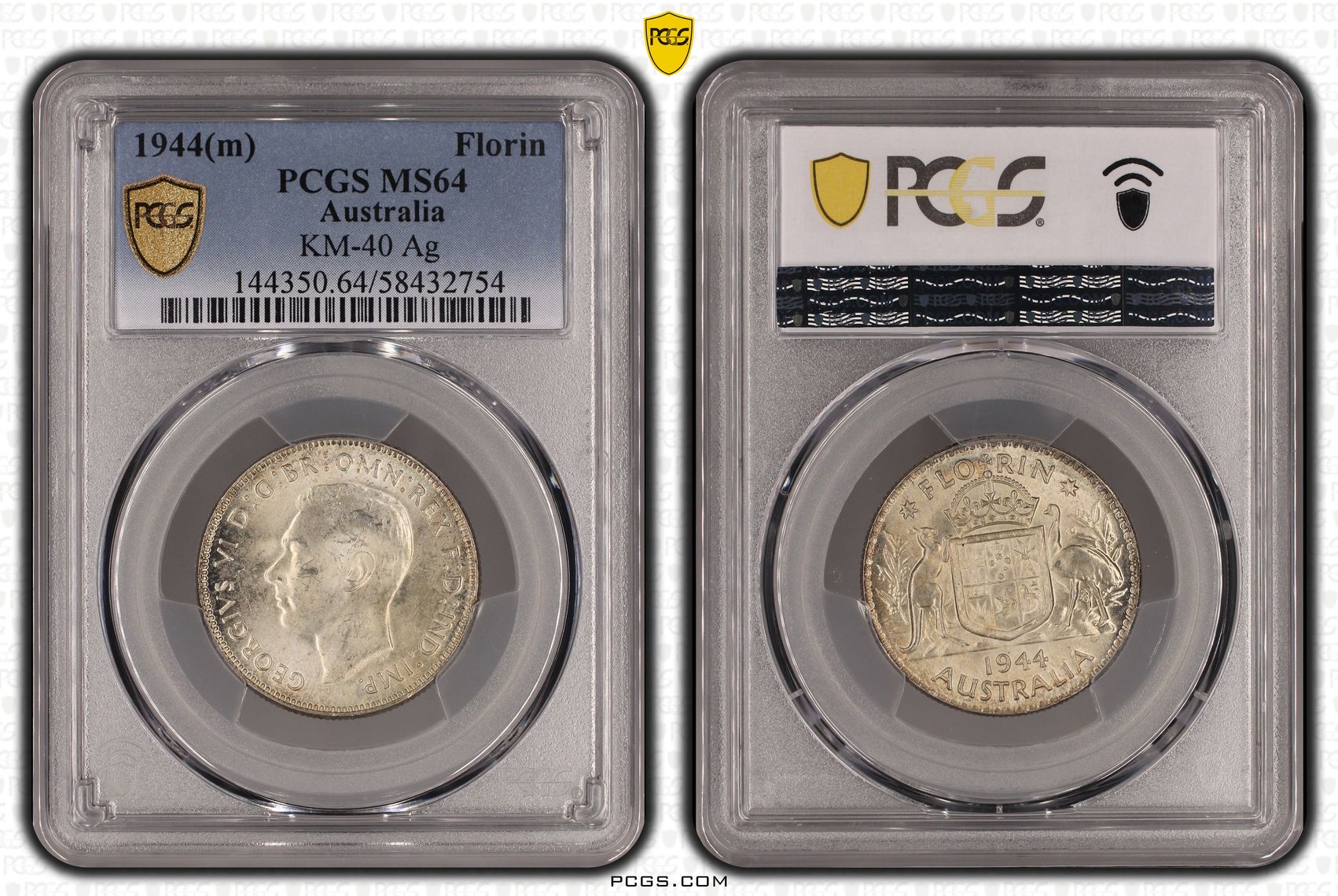 George VI, Florin, 1944(m), PCGS MS64
