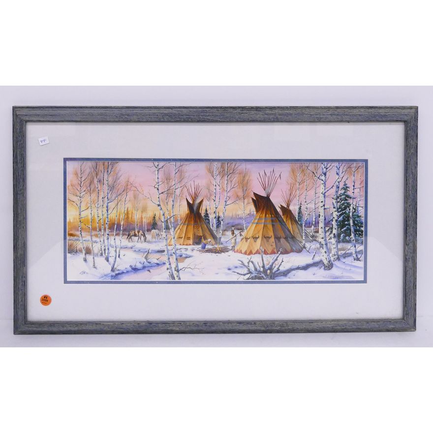 Robert MacGinnis 'Evening Calm' Cheyenne Medicine Lodge Gouache on Paper Painting Framed- 16x27''