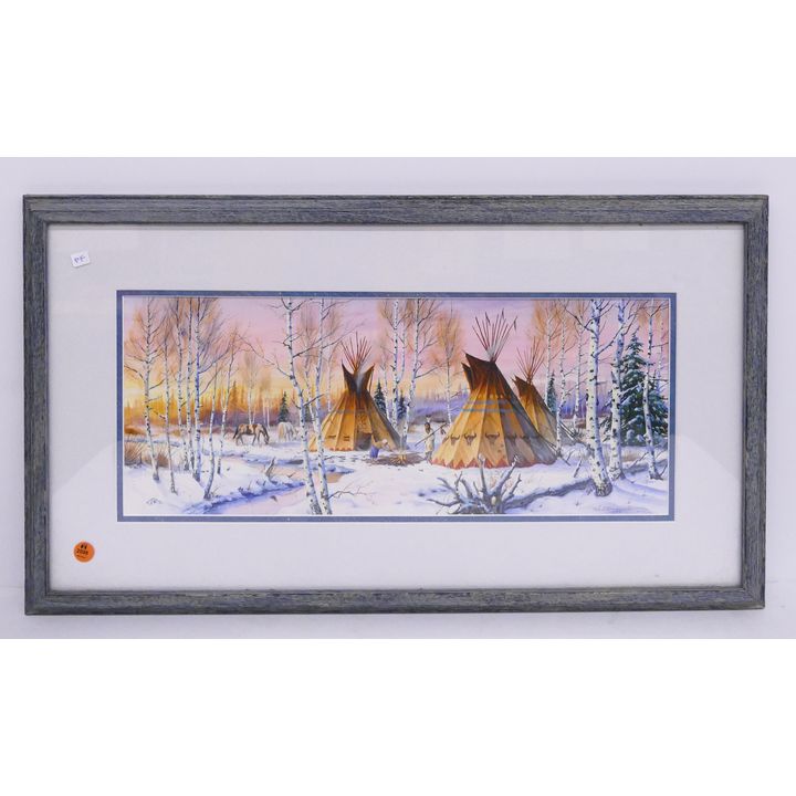 Robert MacGinnis 'Evening Calm' Cheyenne Medicine Lodge Gouache on Paper Painting Framed- 16x27''
