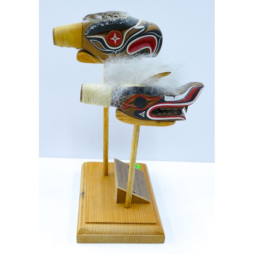Pair Elanson Akin (Makah) ''Eagle and Wolf'' Ceremonial Cedar Rattles