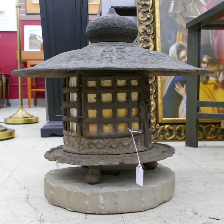 Antique Japanese Iron Lantern on Stand 19''x19''