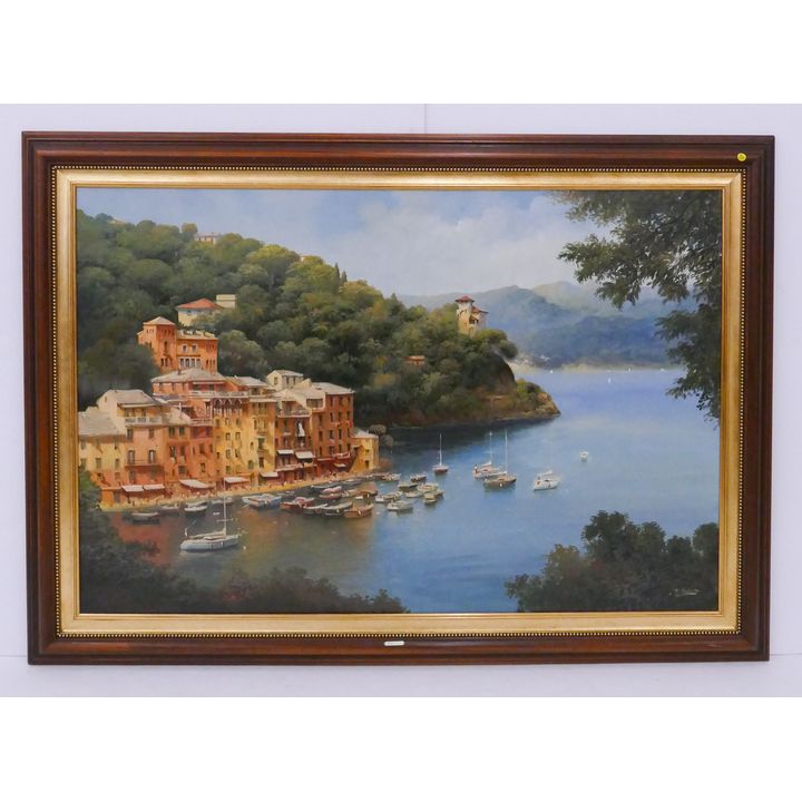 Sergio Cozzuol 'Italian Coast' Large Oil on Canvas Gallery Framed- 49x69''