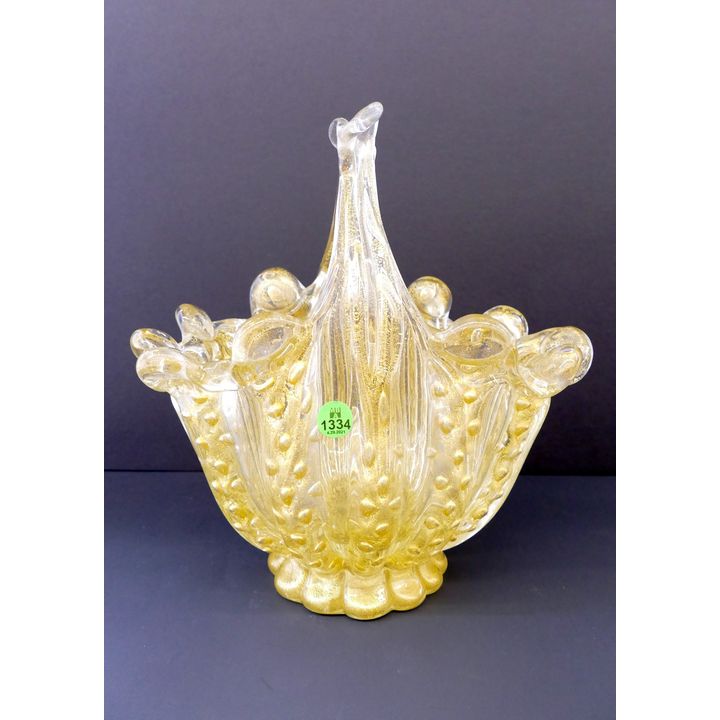 Murano Glass Gold Aventurine Bullicante Basket- 10.5x10''