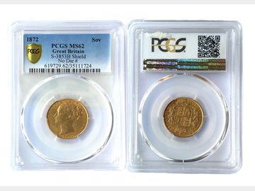 1872 Queen Victoria Young Head London Mint Shield Gold Sovereign PCGS MS62