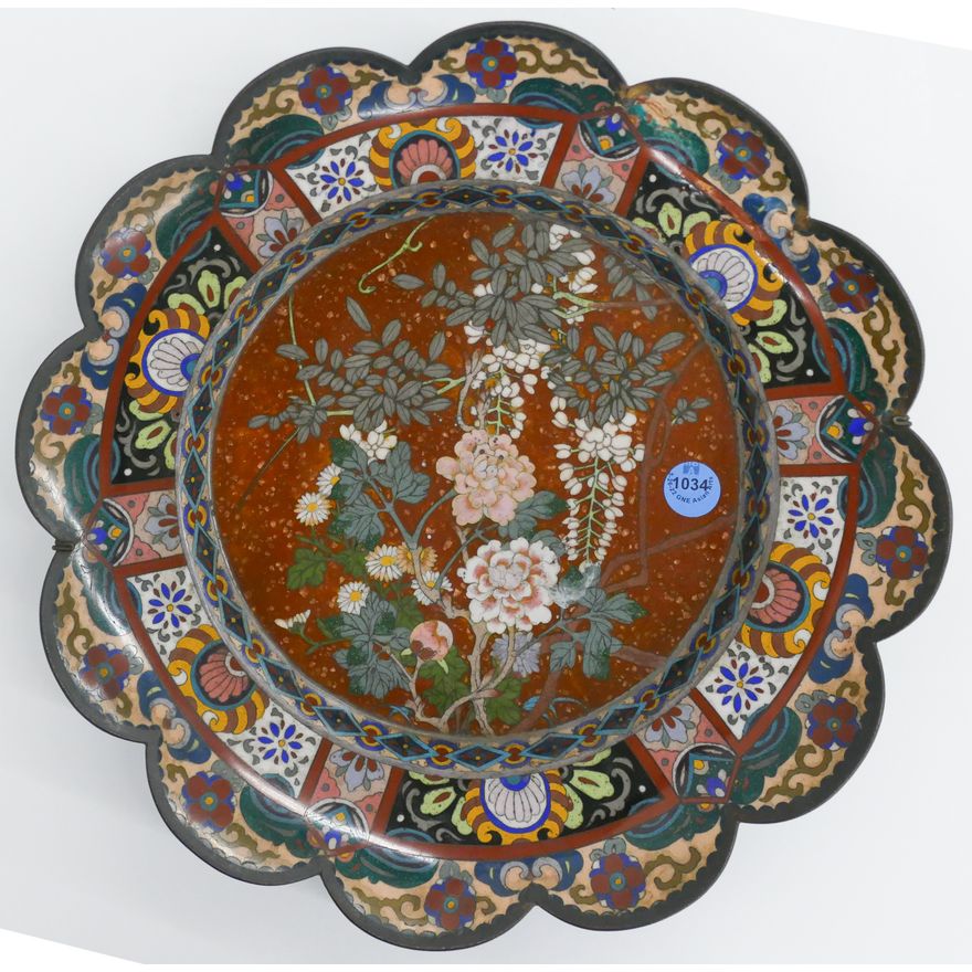 Fine Japanese Meiji Floral Cloisone Scalloped Charger 12.25''