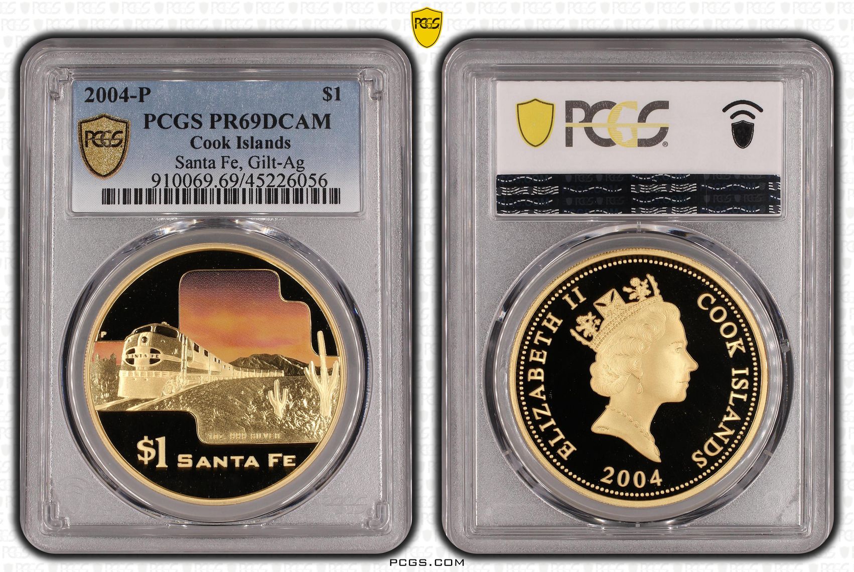 2004-P Cook Islands One Dollar, $1 Gilt Silver Proof Santa Fe, Gilt-Ag PCGS - PR69DCAM POP 1/0 -056