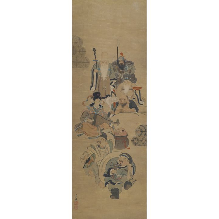 Old Japanese Seven Lucky Gods Scroll Painting 45.5''x15''