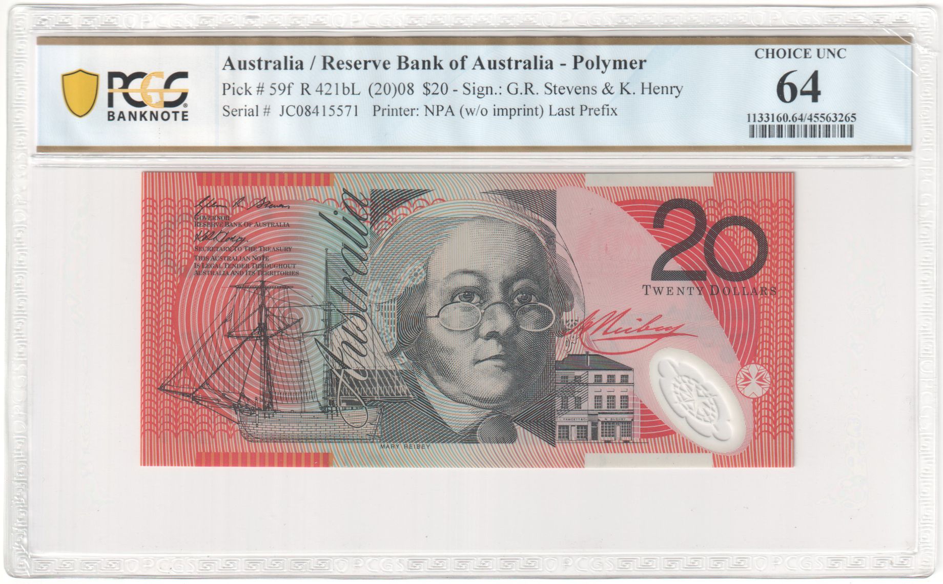 R. 421bL, RBA, Polymer, NPA (w/o imprint), Sign.: G.R. Stevens & K. Henry, Last Prefix, Twenty Dollar, 2008, PCGS - Choice UNC 64