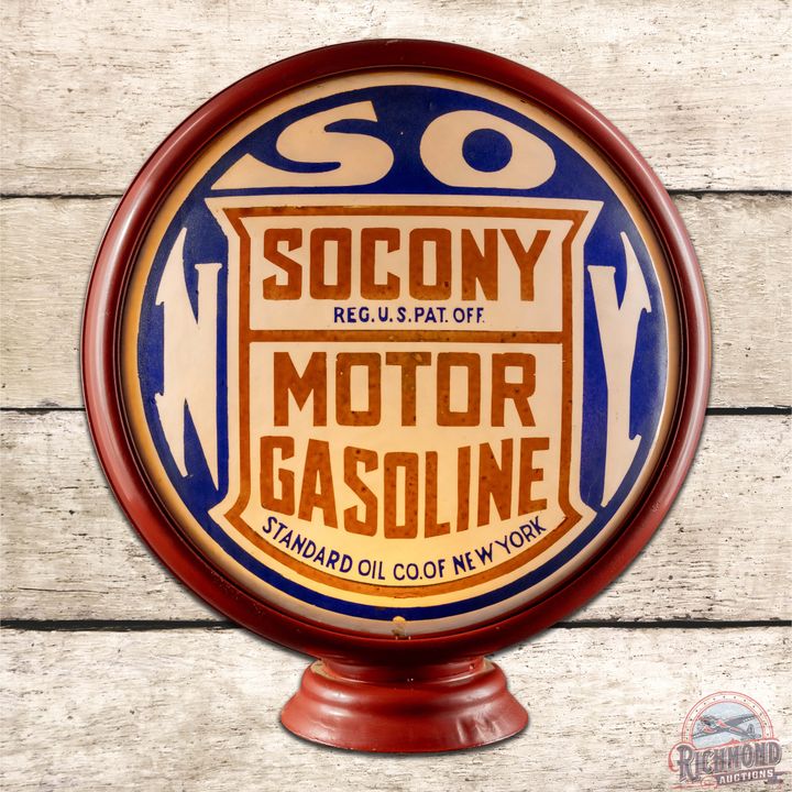 Rare Socony Motor Gasoline 15" Milk Glass Lenses w/ HP Metal Body Gas Pump Globe Complete