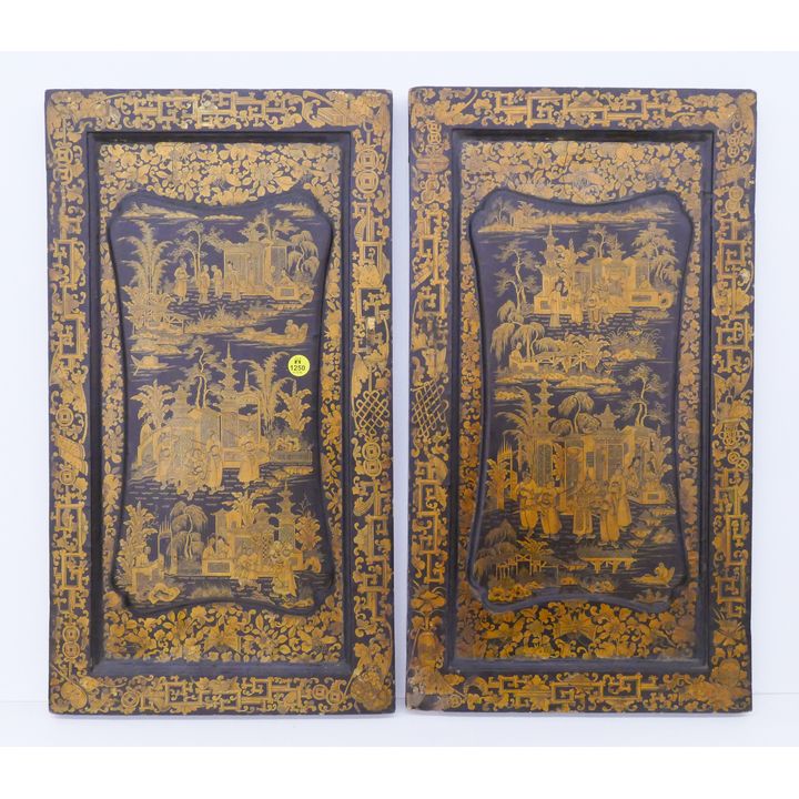 Pair Antique Chinese Gilt Lacquered Panels- 22x12.5''