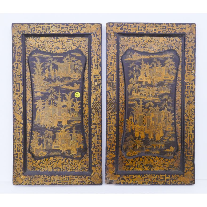 Pair Antique Chinese Gilt Lacquered Panels- 22x12.5''