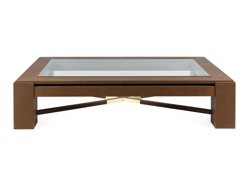 A Contemporary Faux Leather, Brass and Glass Low Table