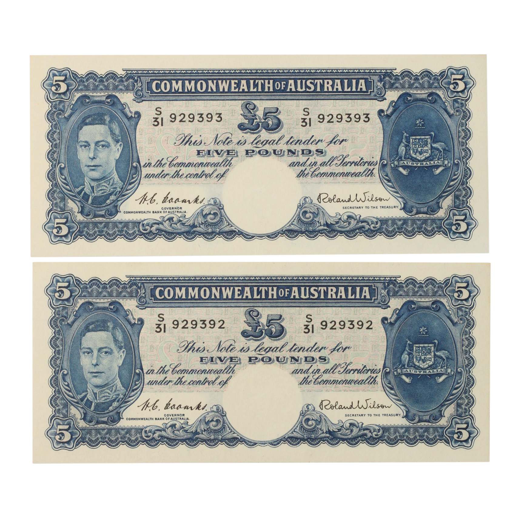 1913. · Consecutive Pair, Coombs/Wilson, Five Pounds, 1952, UNC