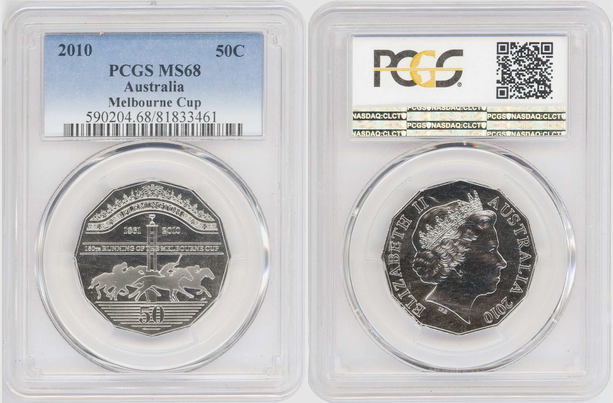109 · Melbourne Cup 1861-2010 Finish Line , Fifty Cent, 2010, PCGS MS68
