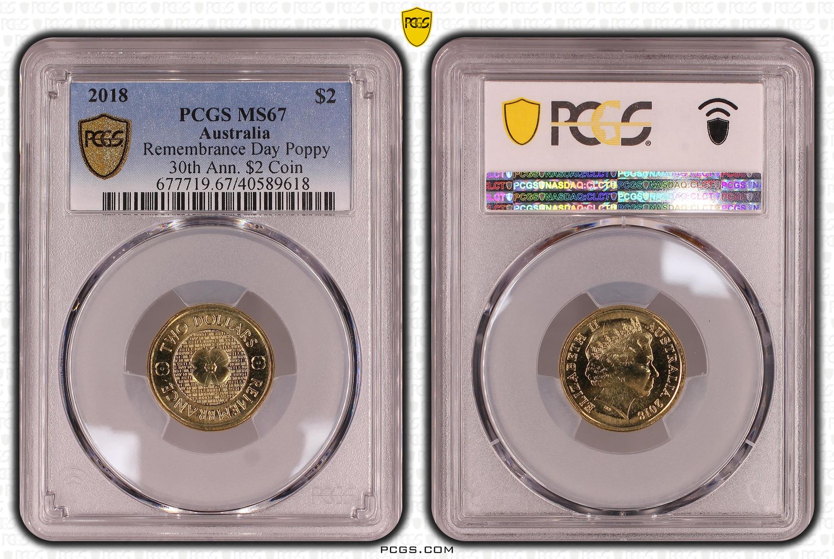 Remembrance Day Poppy 30th Ann. $2 Coin, Two Dollar, 2018, PCGS MS67