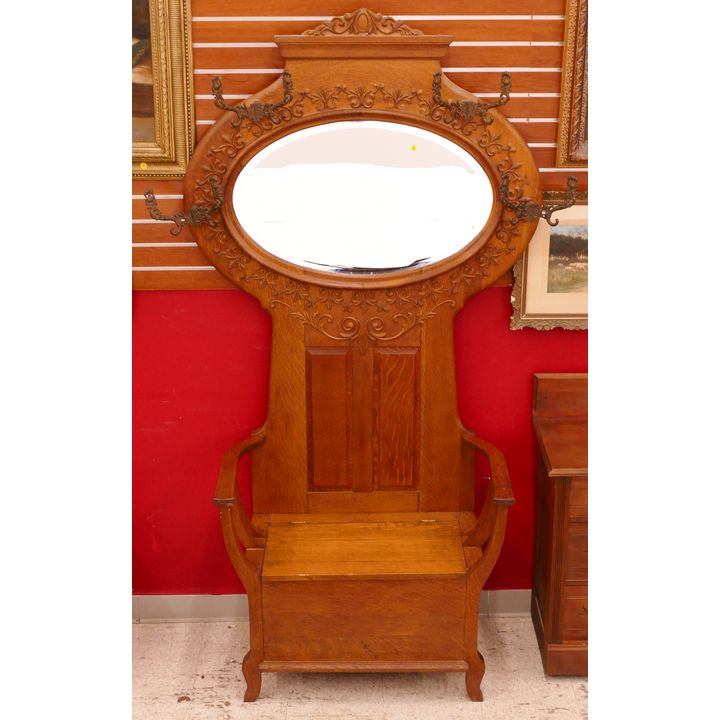 Antique Carved Oak Hall Tree- 82x49x20''- some old repairs and damage