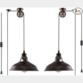 Plug in Pendant Light Industrial Pulley Pendant Lamp E26 Vintage Hanging Light Fixture With 16.4ft Cord On/Off Switch 2 Pack Black