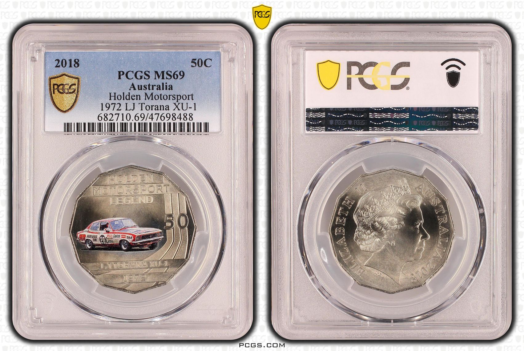 247 · Elizabeth II, Holden Motorsport - 1972 LJ Torana XU-1, Fifty Cent, 2018, PCGS MS69