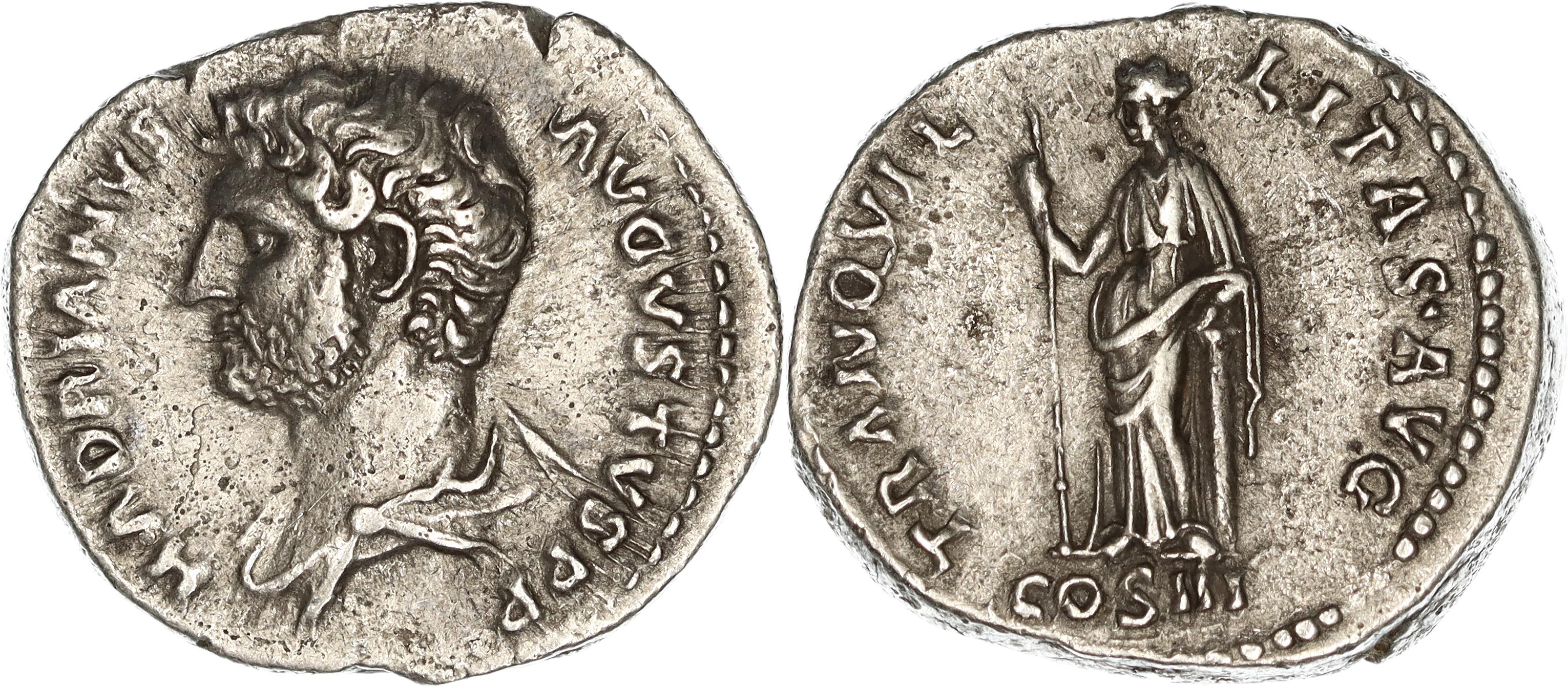 Roman Empire, Hadrian, Silver Denarius, 134-138 AD, VF