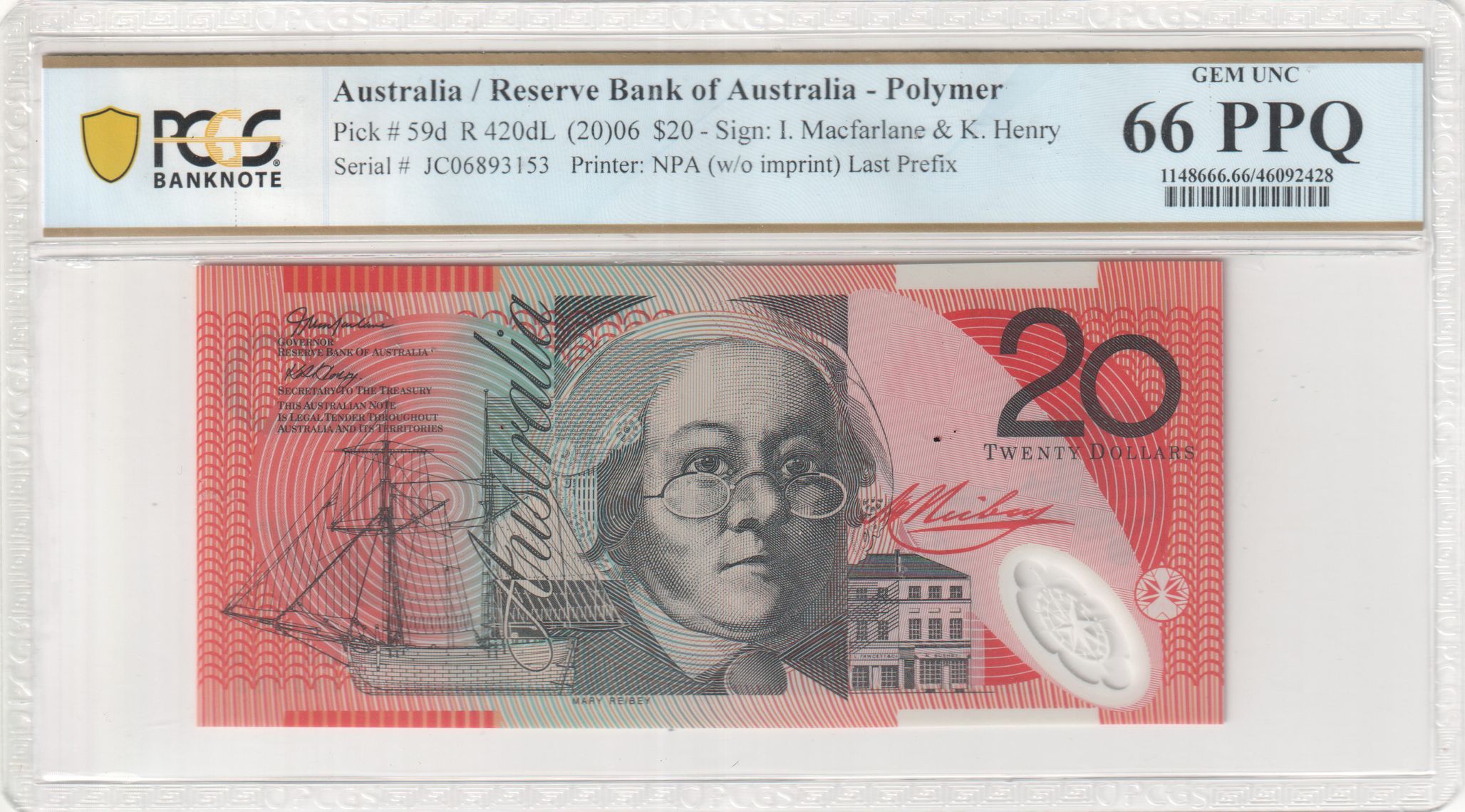 Macfarlane/ Henry, Last Prefix, Twenty Dollar, 2006, PCGS Gem UNC 66 PPQ