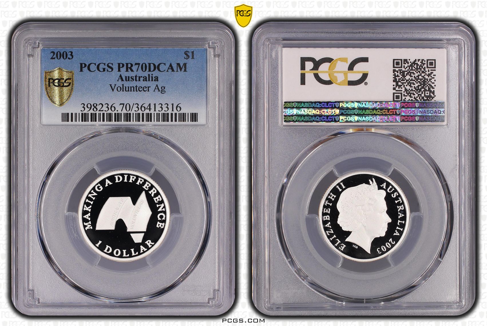 368 · 2003 Australia One Dollar, $1 Silver Proof Volunteer Ag PCGS - PR70DCAM POP 10/0 -316