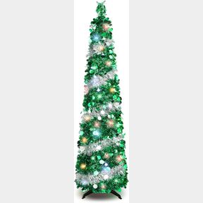 POP UP CHRISTMAS TREE, 5FT COLLAPSIBLE ARTIFICIAL CHRISTMAS TREE WITH 90 LED LIGHTS, TINSEL SMALL PENCIL CHRISTMAS TREE FOR HOME H