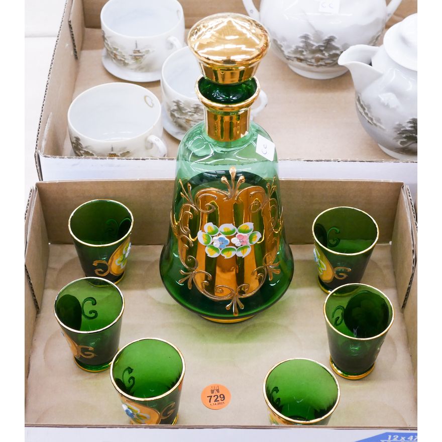Enameled Green Glass Decanter Set