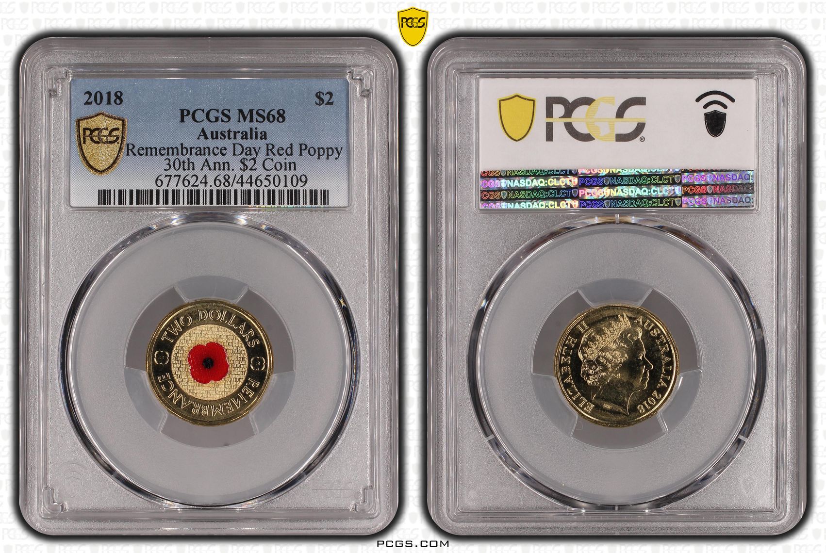 2018 Australia Two Dollar, $2 Remembrance Day Red Poppy 30th Ann. $2 Coin PCGS - MS68 -109