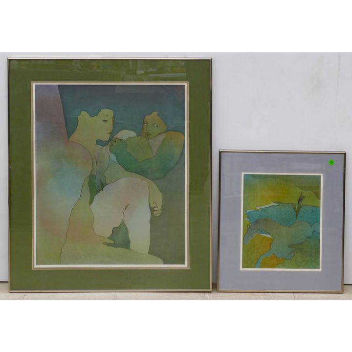 2pc Mid Century Metallic Art Prints Signed Weln Framed 32''x27'' and 19''x17''